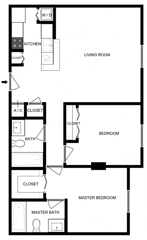 Floor plan for 2 beds, 2 baths, 883 sqft